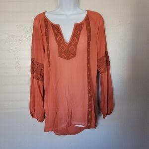 BKE Red Small Orange Long Sleeve Blouse V-neck Chiffon Sheer Boho Bohemian
